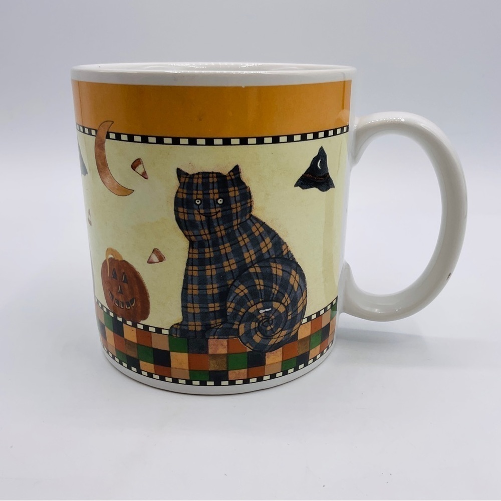 Vtg Sakura Halloween Coffee Mug Cat Cup Pumpkin Debbie Mumm Fall Holiday 1998